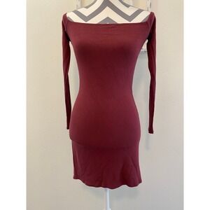 Garage Off Shoulder Burgundy Bodycon Mini Dress Long Sleeve Stretch Size Large